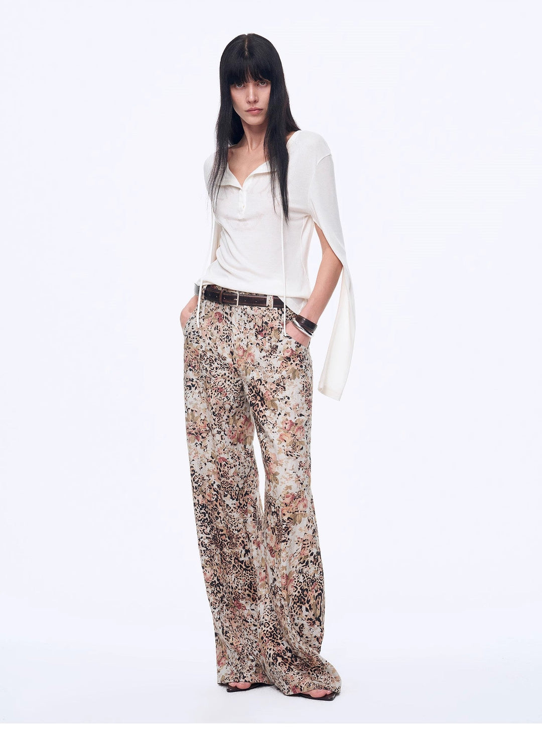 Vintage Print Linen Blend Cut Scimitar Wide Leg Casual Pants"Slow Paris" by Firelady Fur