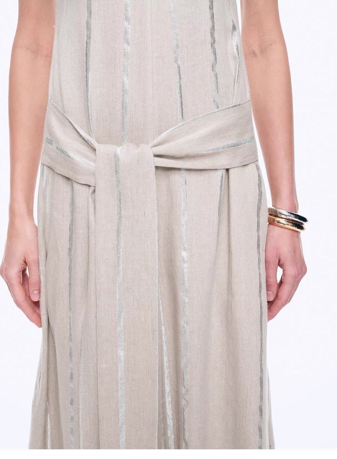Silver Striped Linen V-Neck Drape Dress"Milan Holiday" by Firelady Fur