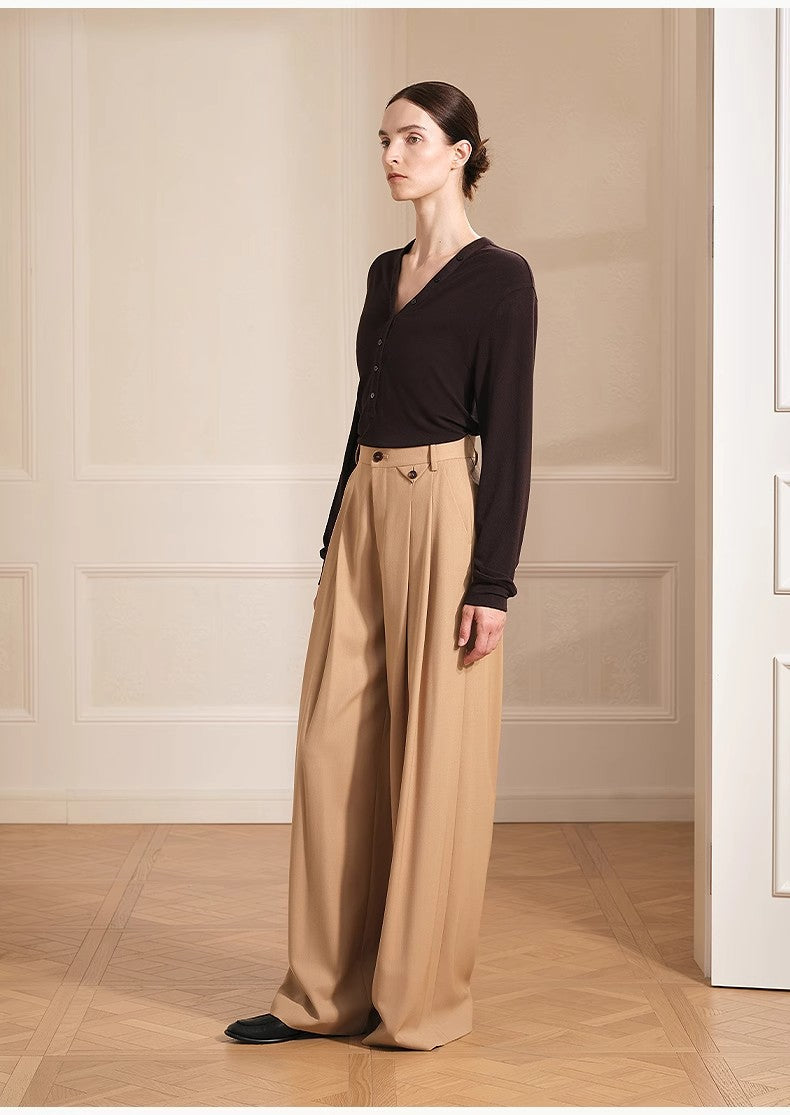 Merino wool blended double pleated wide-leg pants for women, versatile, drapey and comfortable casual trousers by Firelady Fur