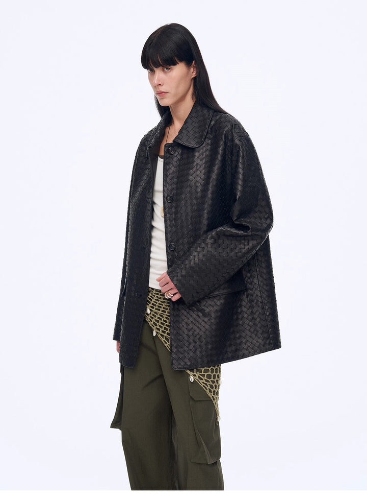 New Zealand imported lambskin perforated woven leather jacket spring"Rembrandt Night" by Firelady Fur