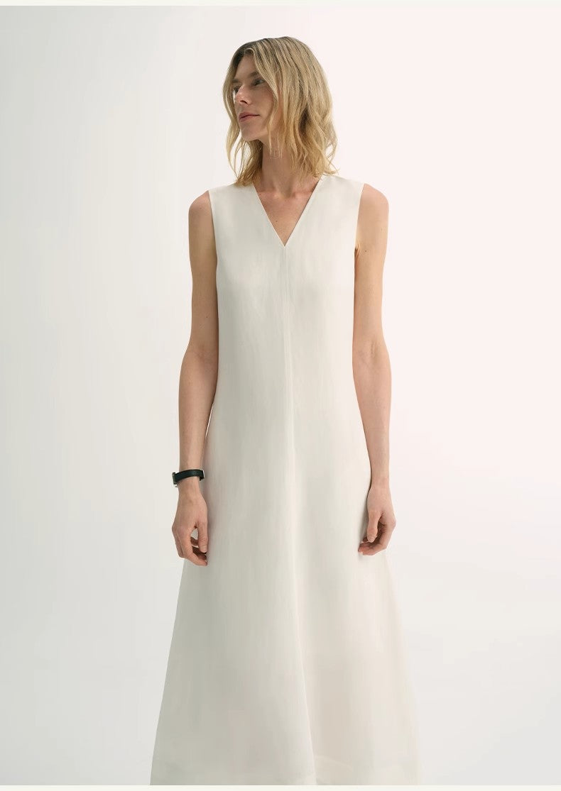 Lightweight and zero-pressure cupro linen textured anti-wrinkle V-neck sleeveless A-line dress by Firelady Fur