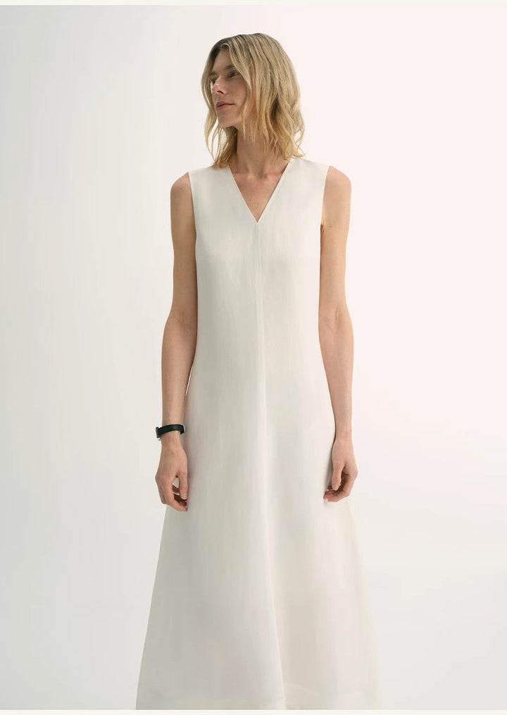 Lightweight and zero-pressure cupro linen textured anti-wrinkle V-neck sleeveless A-line dress by Firelady Fur