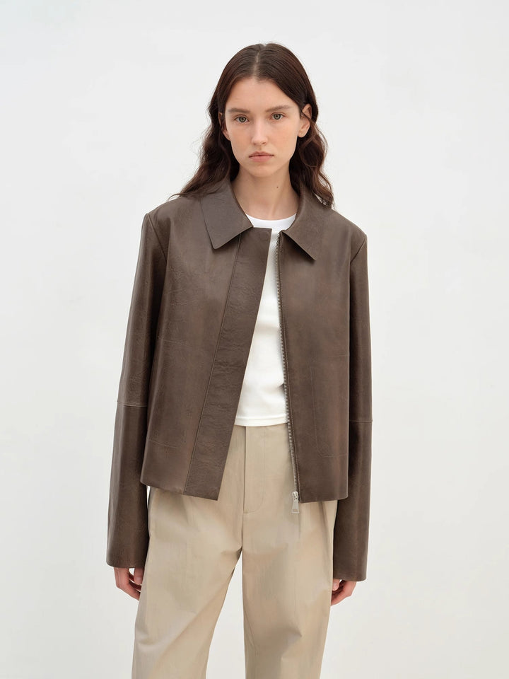 "Miss Sven" Lapel Two-tone Wax Sheepskin Short Jacket Leather Coat Women by Firelady Fur