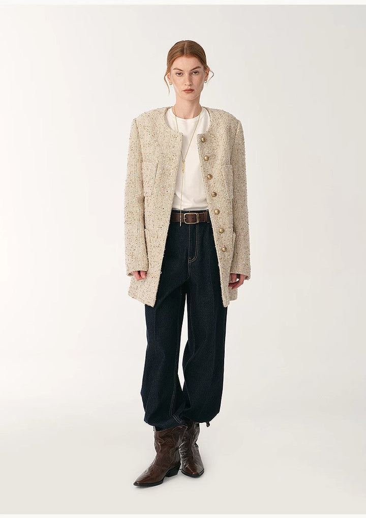 Heavy wool tweed high-end exquisite round neck patch pocket slim Chanel jacket for women by Firelady Fur