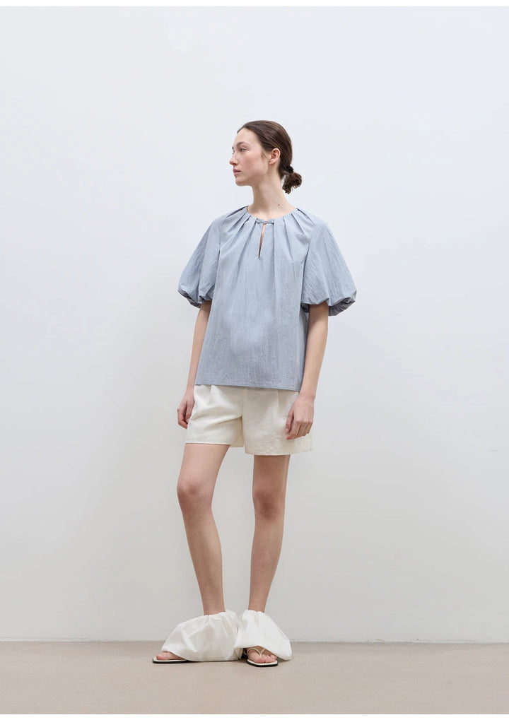 "Iceland Diary" neckline pleated design round neck tie puff sleeve short sleeve shirt for women by Firelady Fur