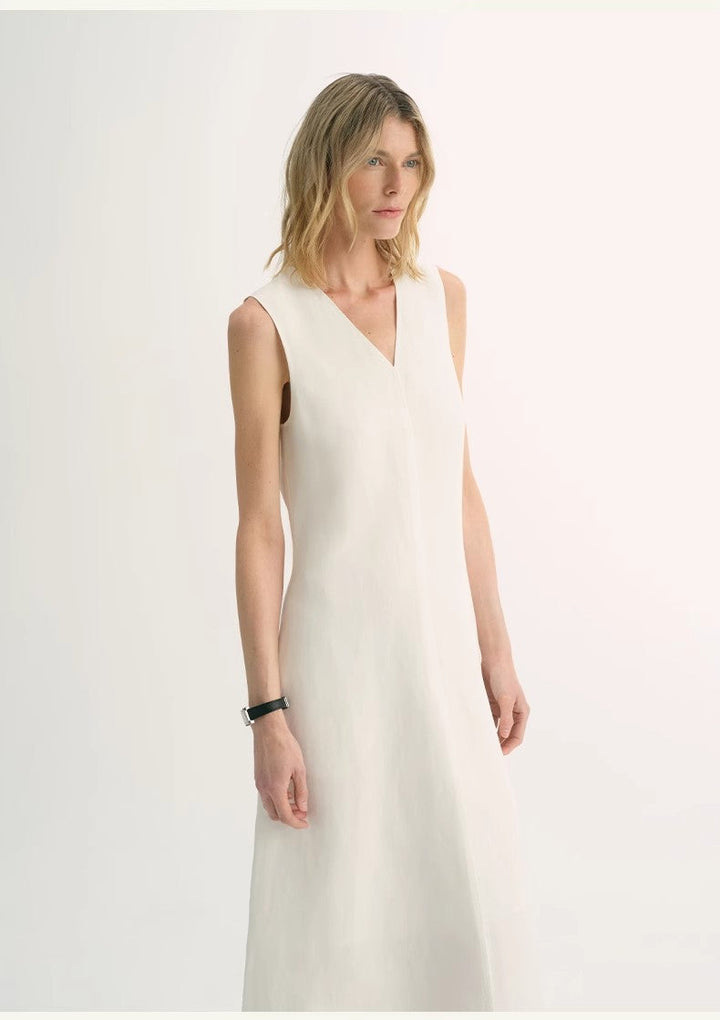 Lightweight and zero-pressure cupro linen textured anti-wrinkle V-neck sleeveless A-line dress by Firelady Fur