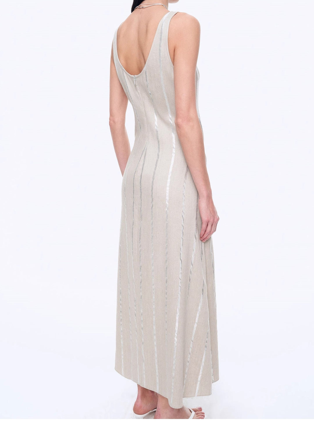 Silver Striped Linen V-Neck Drape Dress"Milan Holiday" by Firelady Fur