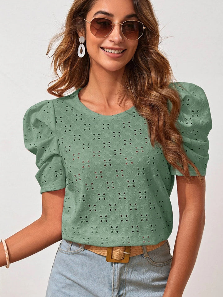 Eyelet Round Neck Puff Sleeve Blouse by Coco Charli