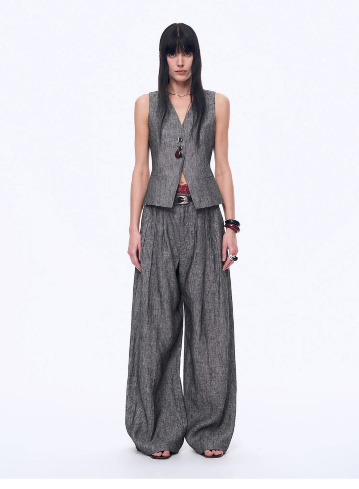 Fireladyfur Women's Linen Suit Set: Draped Vest & High-Waist Straight Trousers"Old Money Space" by Firelady Fur