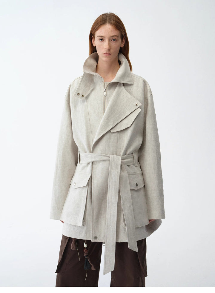 Relaxed Gold Linen Blend Lace-Up Mid-Length Trench Coat Spring"Flynn Magazine" by Firelady Fur