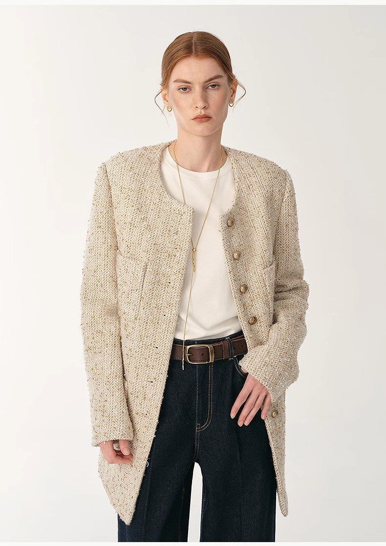 Heavy wool tweed high-end exquisite round neck patch pocket slim Chanel jacket for women by Firelady Fur