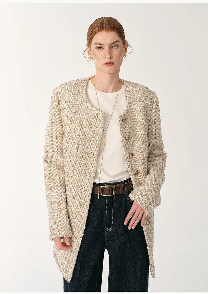Heavy wool tweed high-end exquisite round neck patch pocket slim Chanel jacket for women by Firelady Fur
