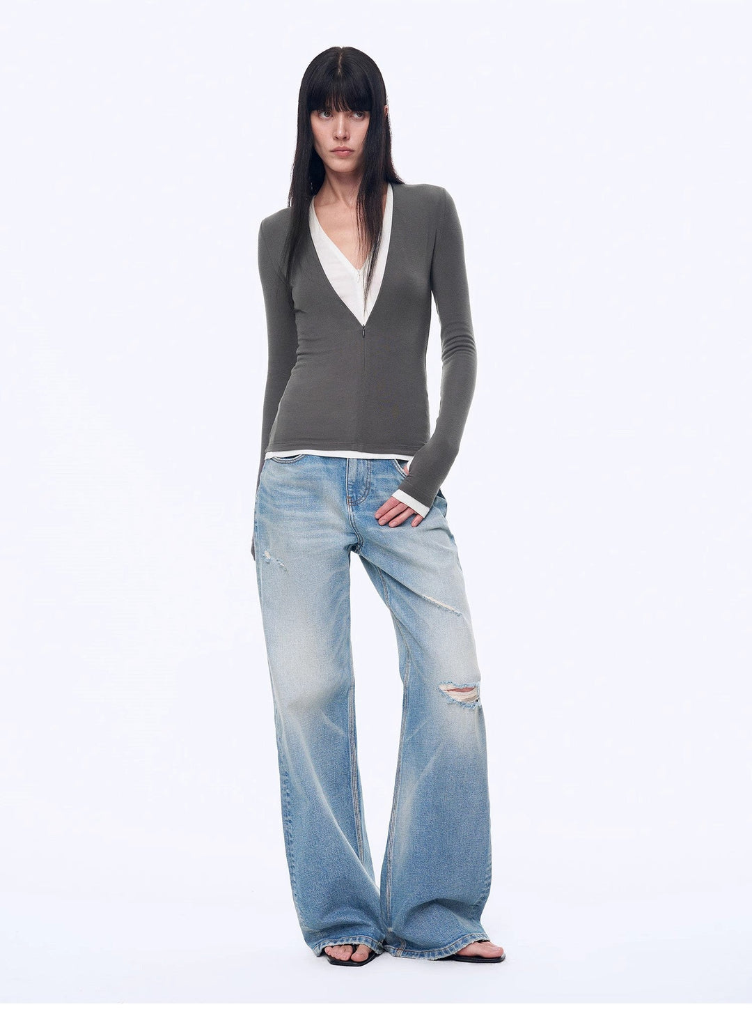 "West City Rhythm" Handmade Whisker Washed Flared Jeans Spring by Firelady Fur