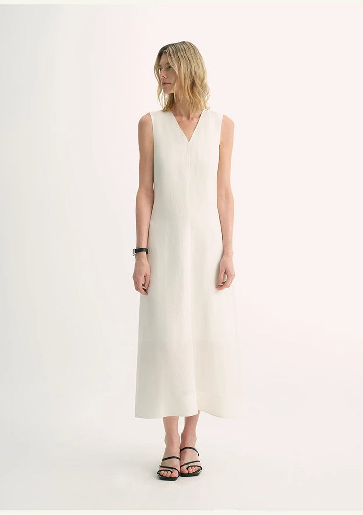 Lightweight and zero-pressure cupro linen textured anti-wrinkle V-neck sleeveless A-line dress by Firelady Fur