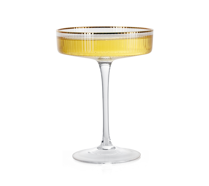 Ribbed Coupe Cocktail Glasses With Gold Rim 8 oz | Set of 4 | Classic Manhattan Glasses For Cocktails, Champagne Coupe, Ripple Coupe Glasses, Art Deco Gatsby Vintage, Crystal with Stems by The Wine Savant
