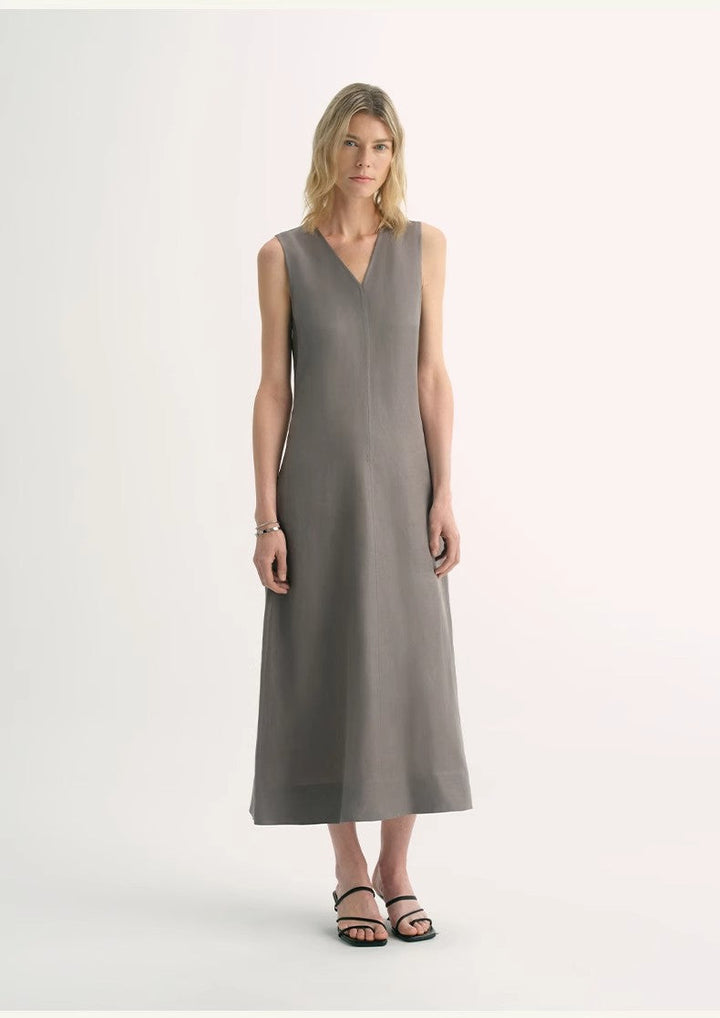 Lightweight and zero-pressure cupro linen textured anti-wrinkle V-neck sleeveless A-line dress by Firelady Fur