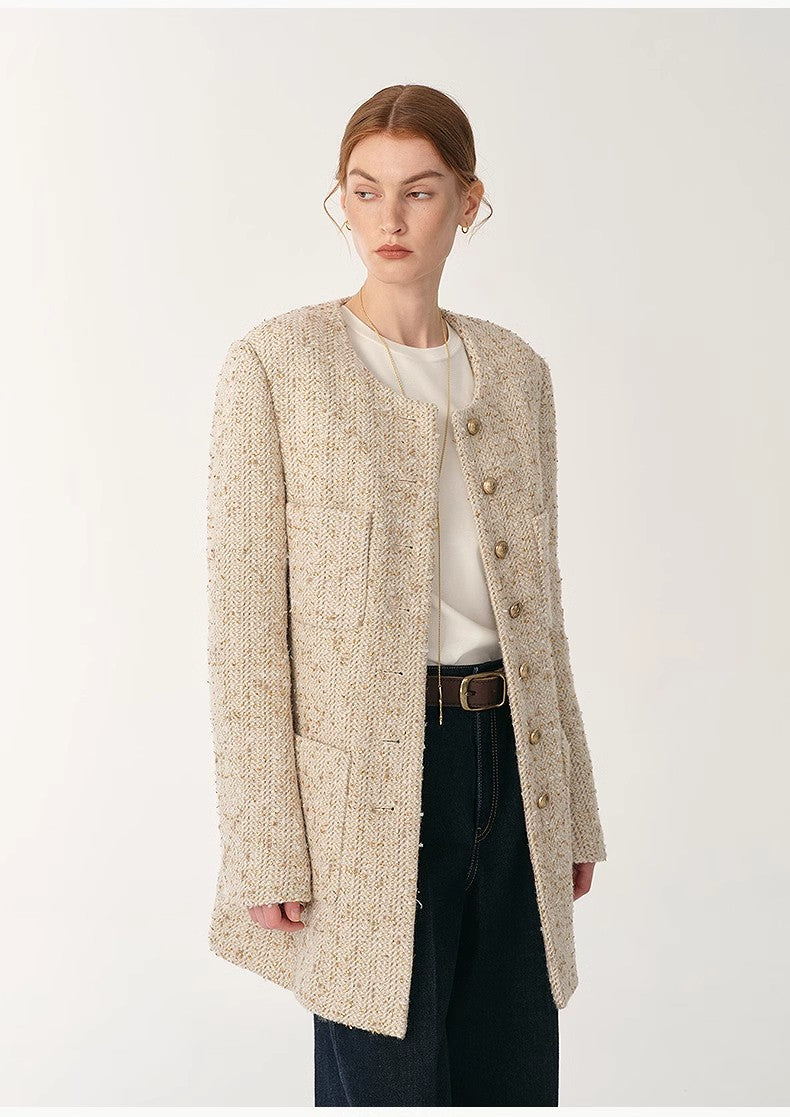 Heavy wool tweed high-end exquisite round neck patch pocket slim Chanel jacket for women by Firelady Fur