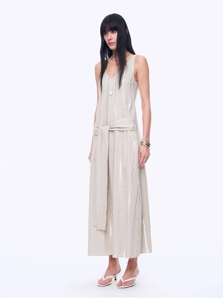 Silver Striped Linen V-Neck Drape Dress"Milan Holiday" by Firelady Fur