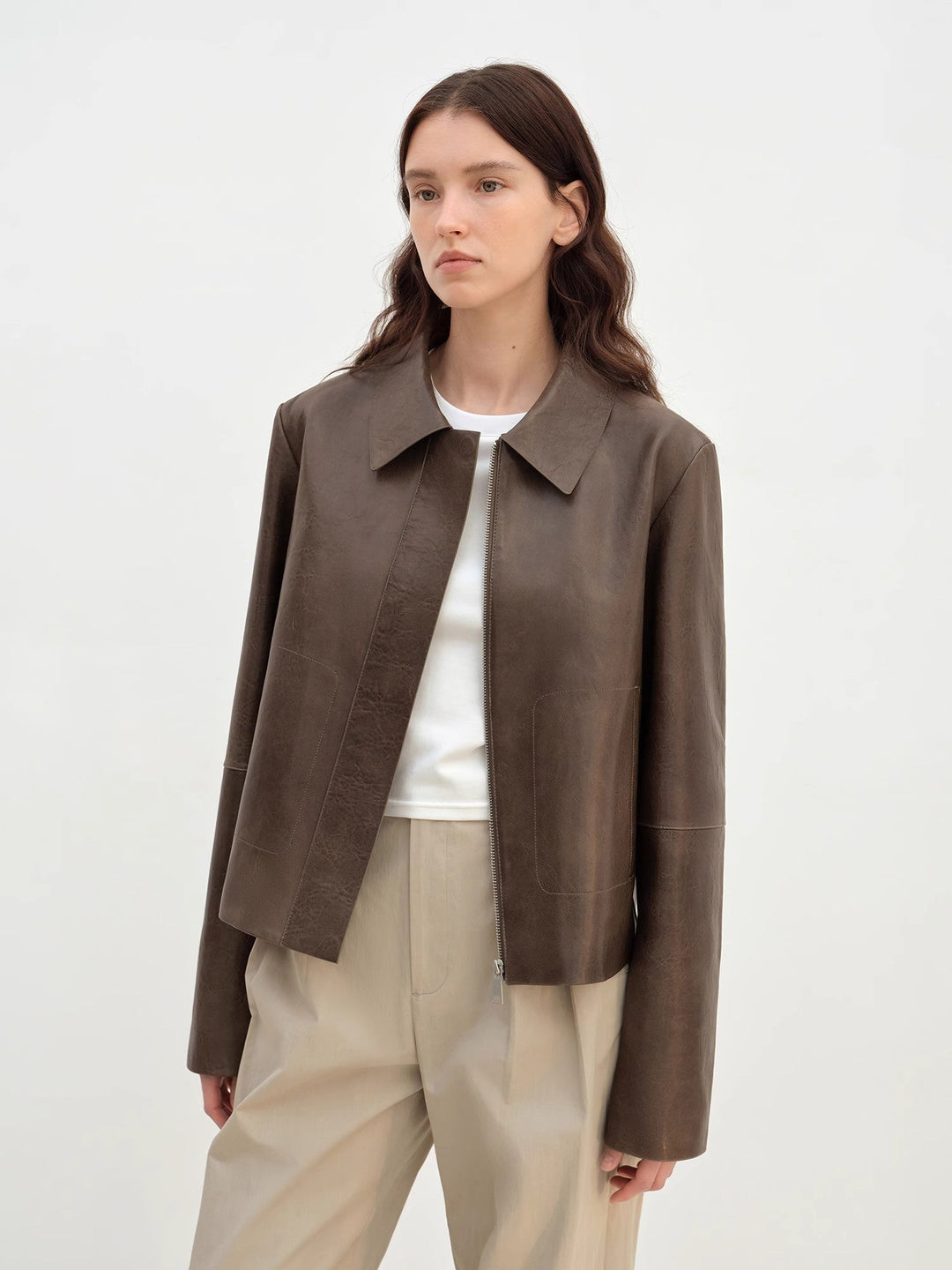 "Miss Sven" Lapel Two-tone Wax Sheepskin Short Jacket Leather Coat Women by Firelady Fur