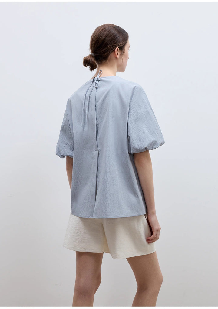 "Iceland Diary" neckline pleated design round neck tie puff sleeve short sleeve shirt for women by Firelady Fur
