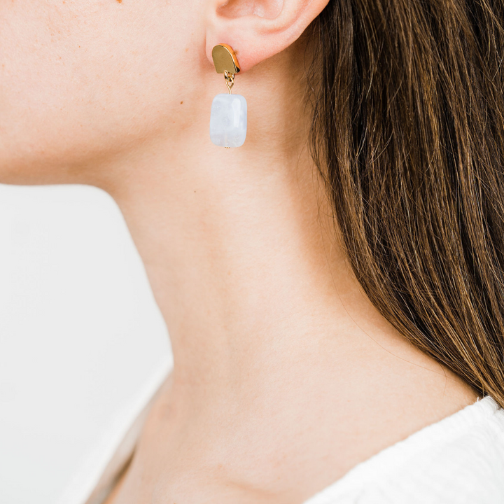 gold dome + baby blue agate earrings by VUE by SEK