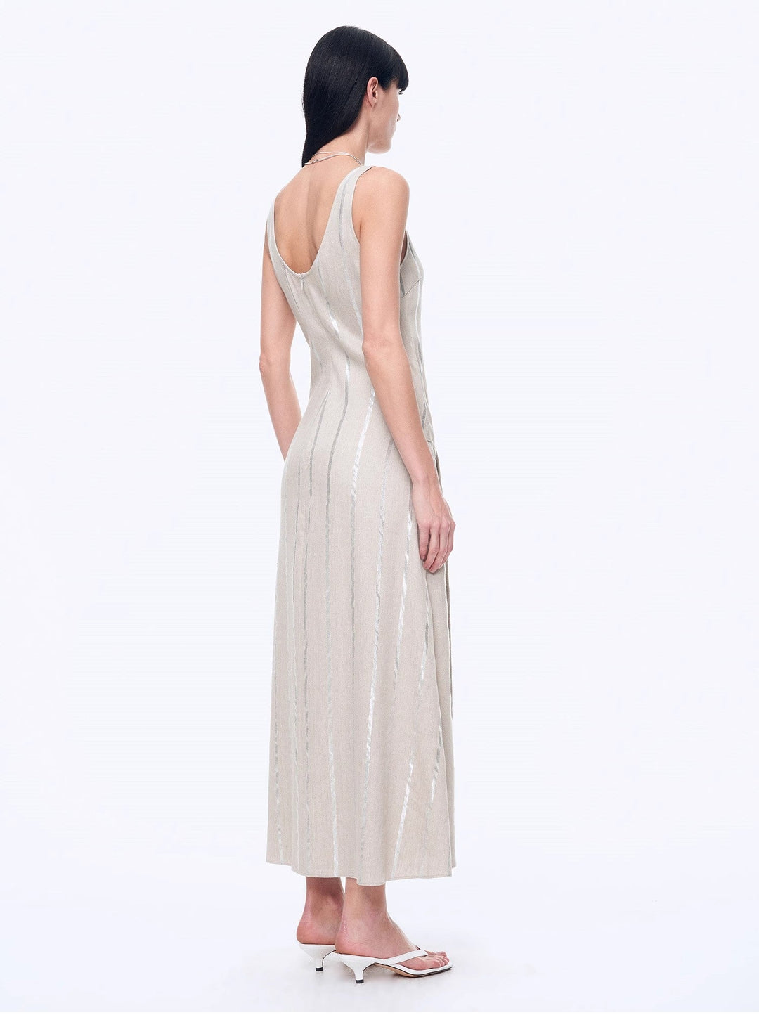 Silver Striped Linen V-Neck Drape Dress"Milan Holiday" by Firelady Fur