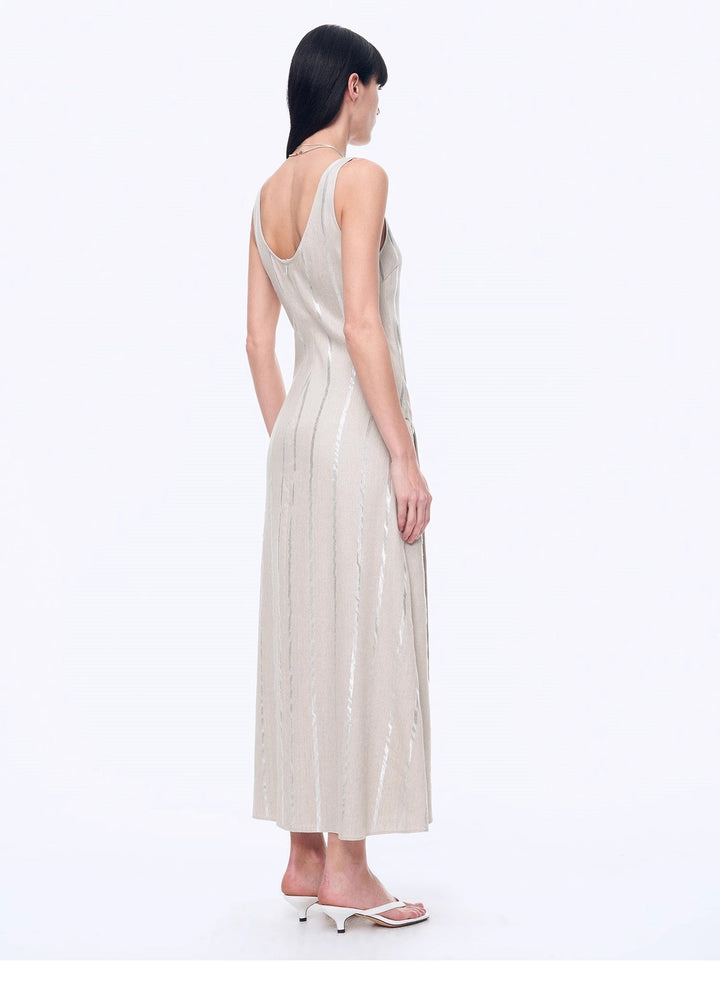 Silver Striped Linen V-Neck Drape Dress"Milan Holiday" by Firelady Fur