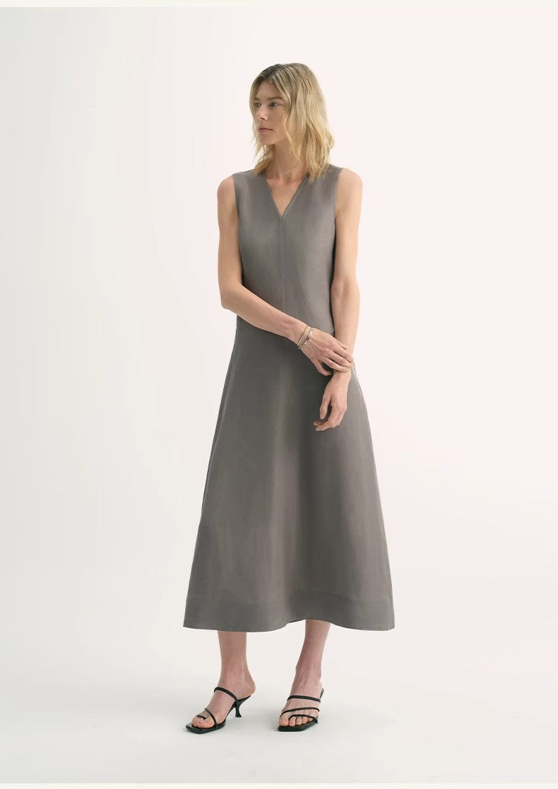 Lightweight and zero-pressure cupro linen textured anti-wrinkle V-neck sleeveless A-line dress by Firelady Fur
