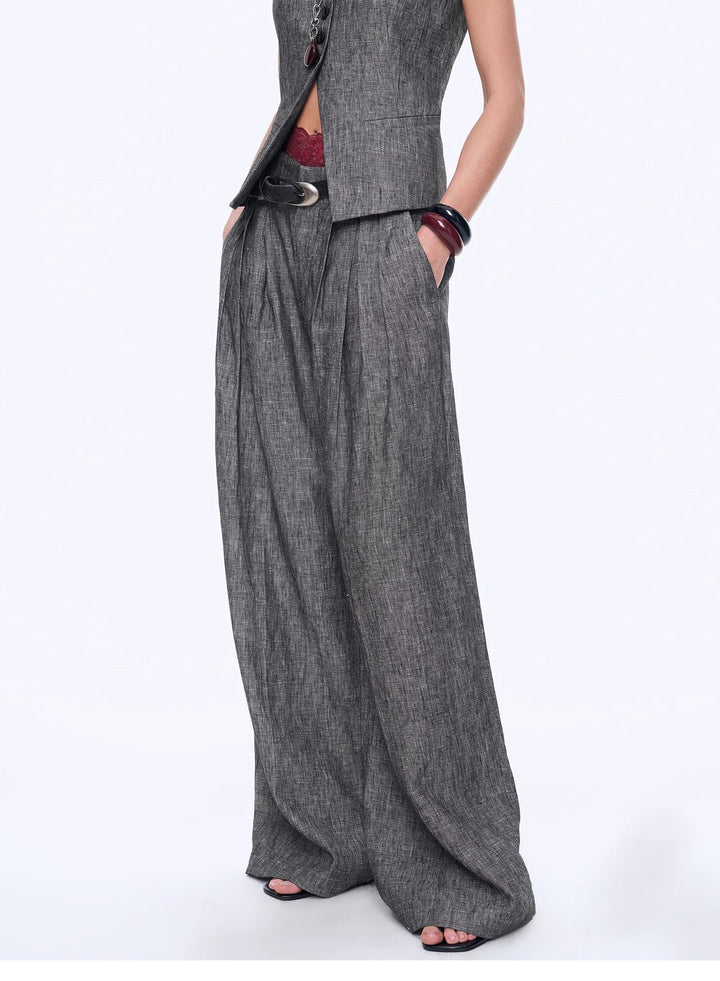 Fireladyfur Women's Linen Suit Set: Draped Vest & High-Waist Straight Trousers"Old Money Space" by Firelady Fur