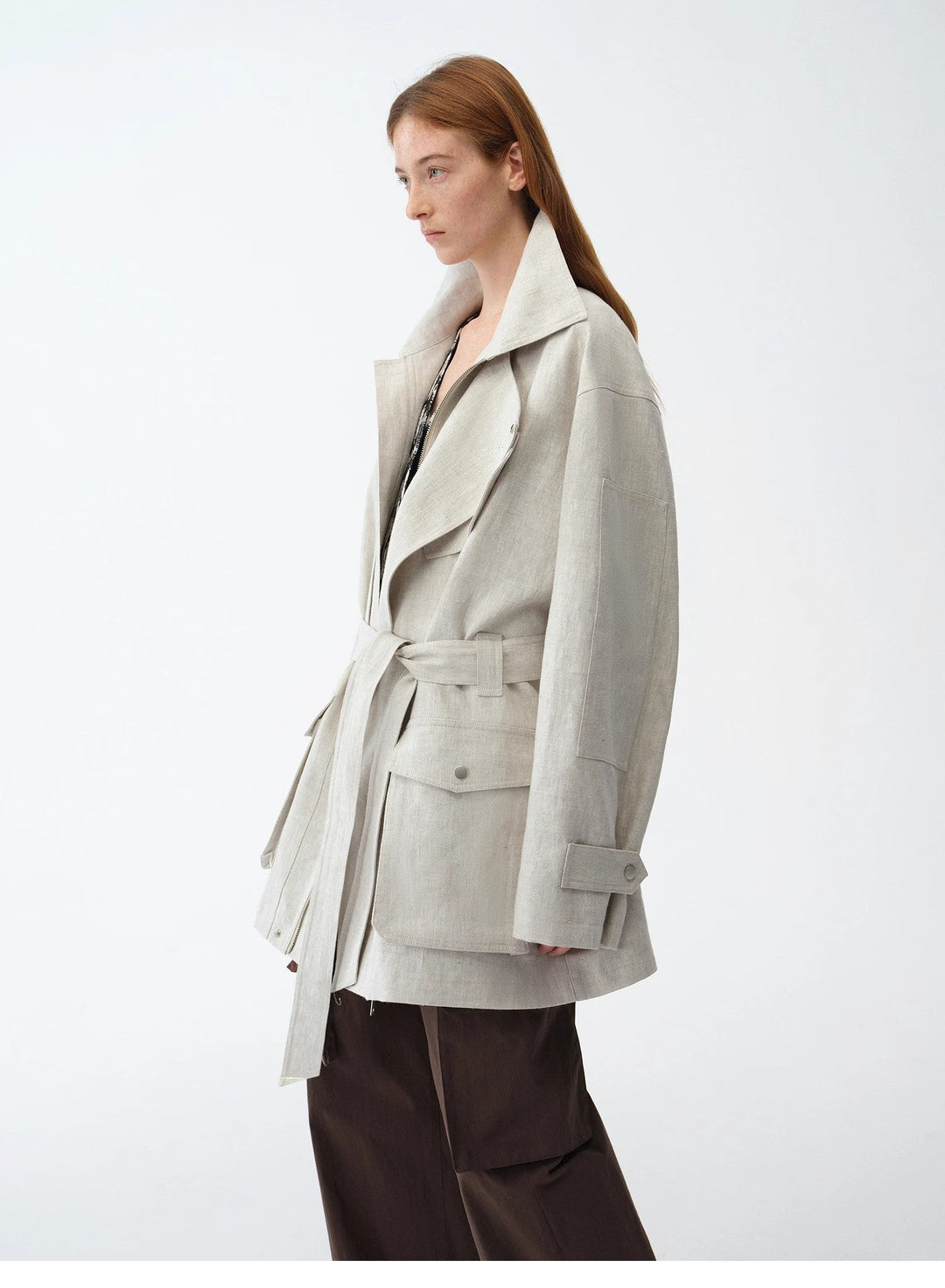 Relaxed Gold Linen Blend Lace-Up Mid-Length Trench Coat Spring"Flynn Magazine" by Firelady Fur