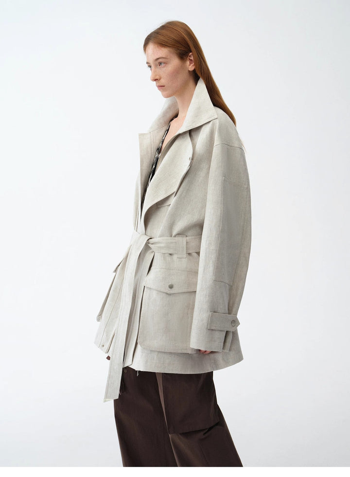 Relaxed Gold Linen Blend Lace-Up Mid-Length Trench Coat Spring"Flynn Magazine" by Firelady Fur