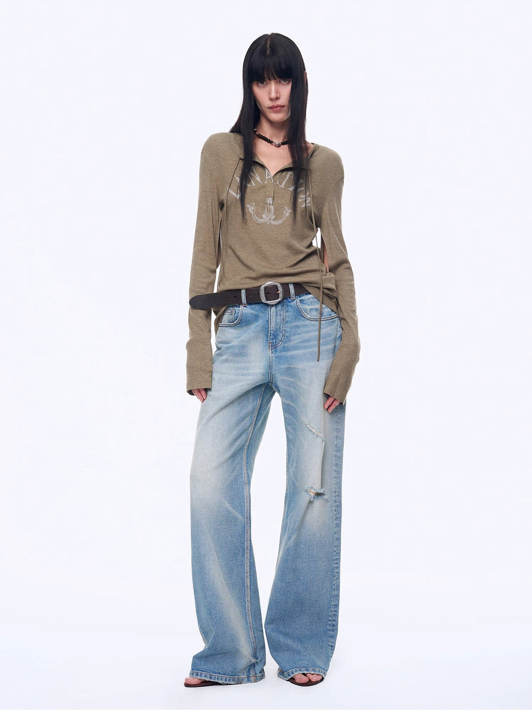 "West City Rhythm" Handmade Whisker Washed Flared Jeans Spring by Firelady Fur