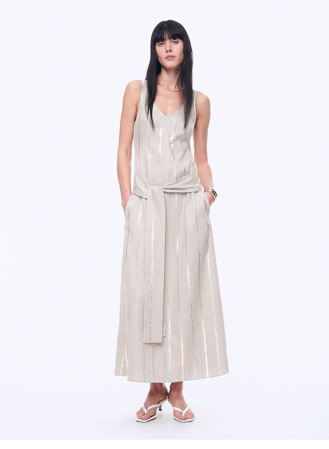 Silver Striped Linen V-Neck Drape Dress"Milan Holiday" by Firelady Fur
