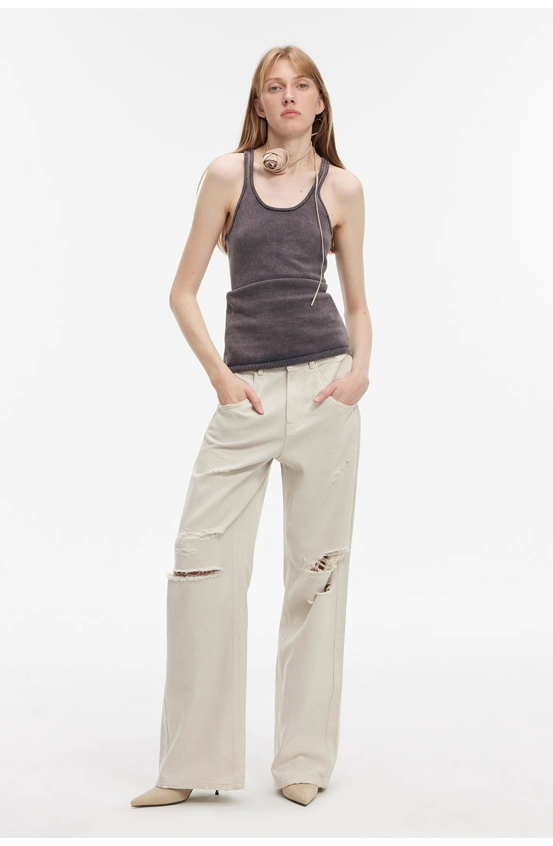 "Gray and Denim" stylish and personalized Turkish washed retro distressed holes straight flared jeans by Firelady Fur