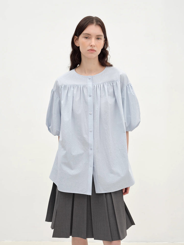 "Romantic Line Drawing" Pure Cotton Slightly Wrinkled Puff Sleeve Short Top for Women by Firelady Fur