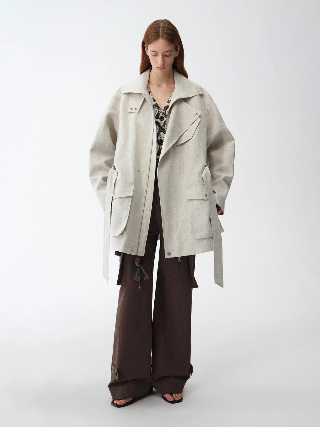 Relaxed Gold Linen Blend Lace-Up Mid-Length Trench Coat Spring"Flynn Magazine" by Firelady Fur