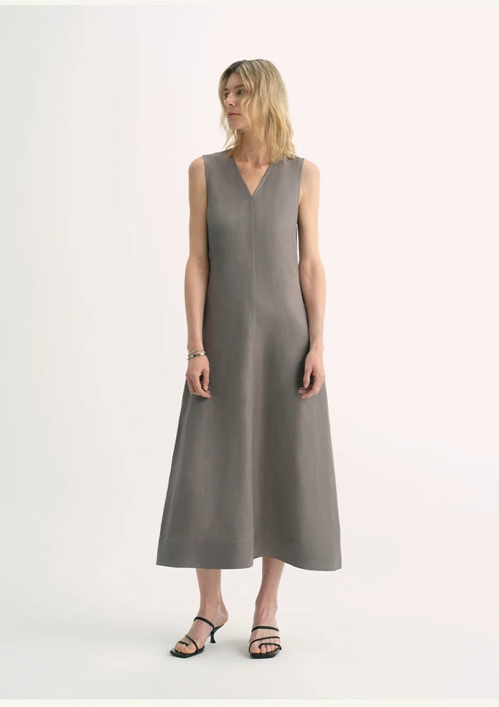Lightweight and zero-pressure cupro linen textured anti-wrinkle V-neck sleeveless A-line dress by Firelady Fur
