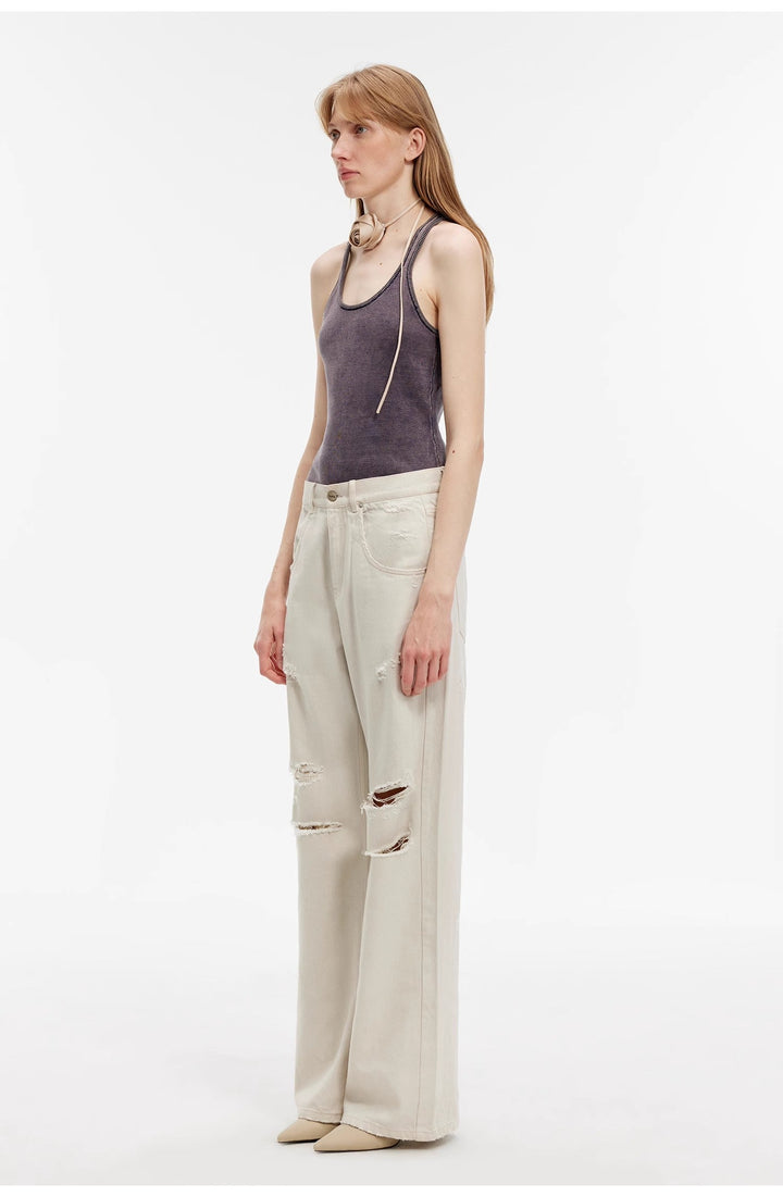 "Gray and Denim" stylish and personalized Turkish washed retro distressed holes straight flared jeans by Firelady Fur