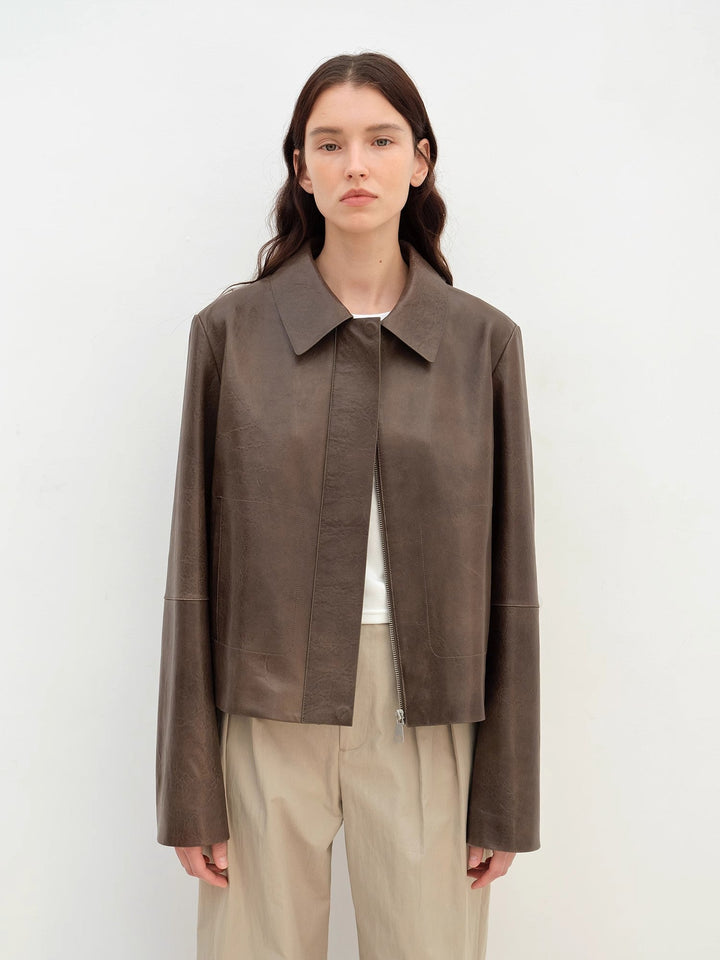 "Miss Sven" Lapel Two-tone Wax Sheepskin Short Jacket Leather Coat Women by Firelady Fur