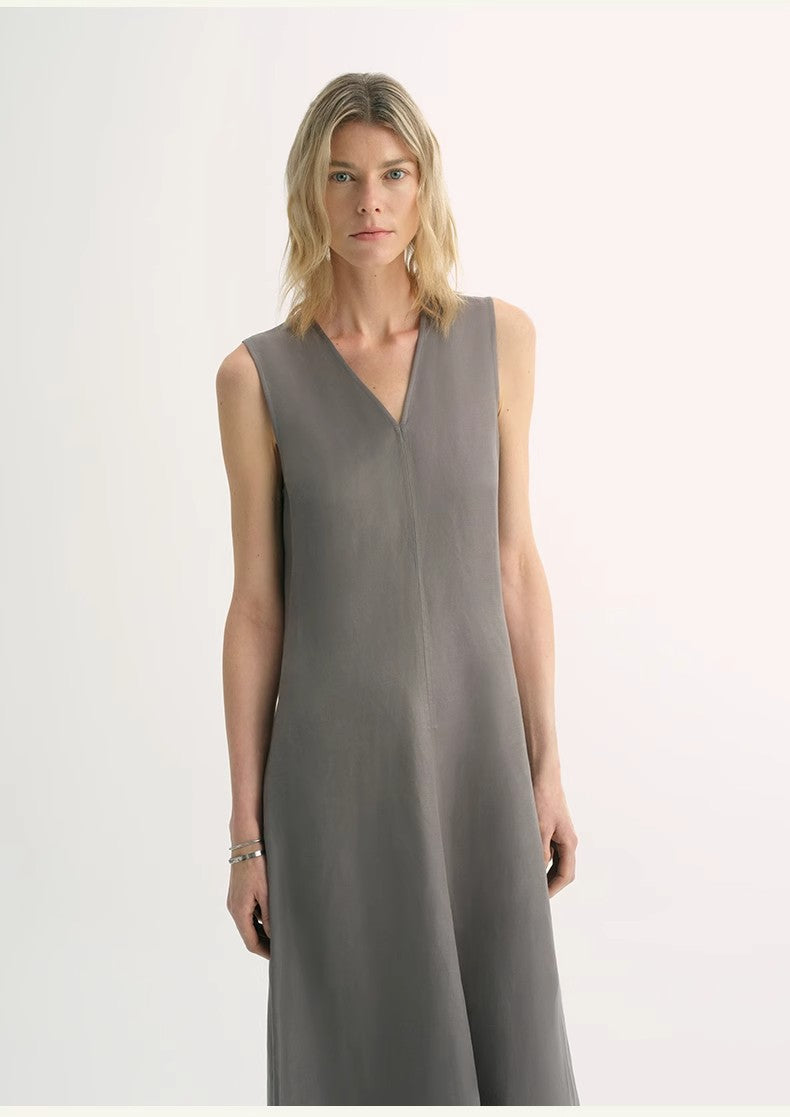 Lightweight and zero-pressure cupro linen textured anti-wrinkle V-neck sleeveless A-line dress by Firelady Fur