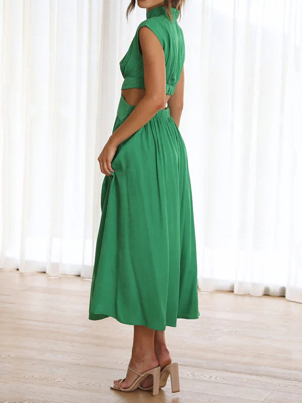 Cap Sleeve Belly-Hollow Pleated Solid Color Stand Collar Maxi Dresses by migunica