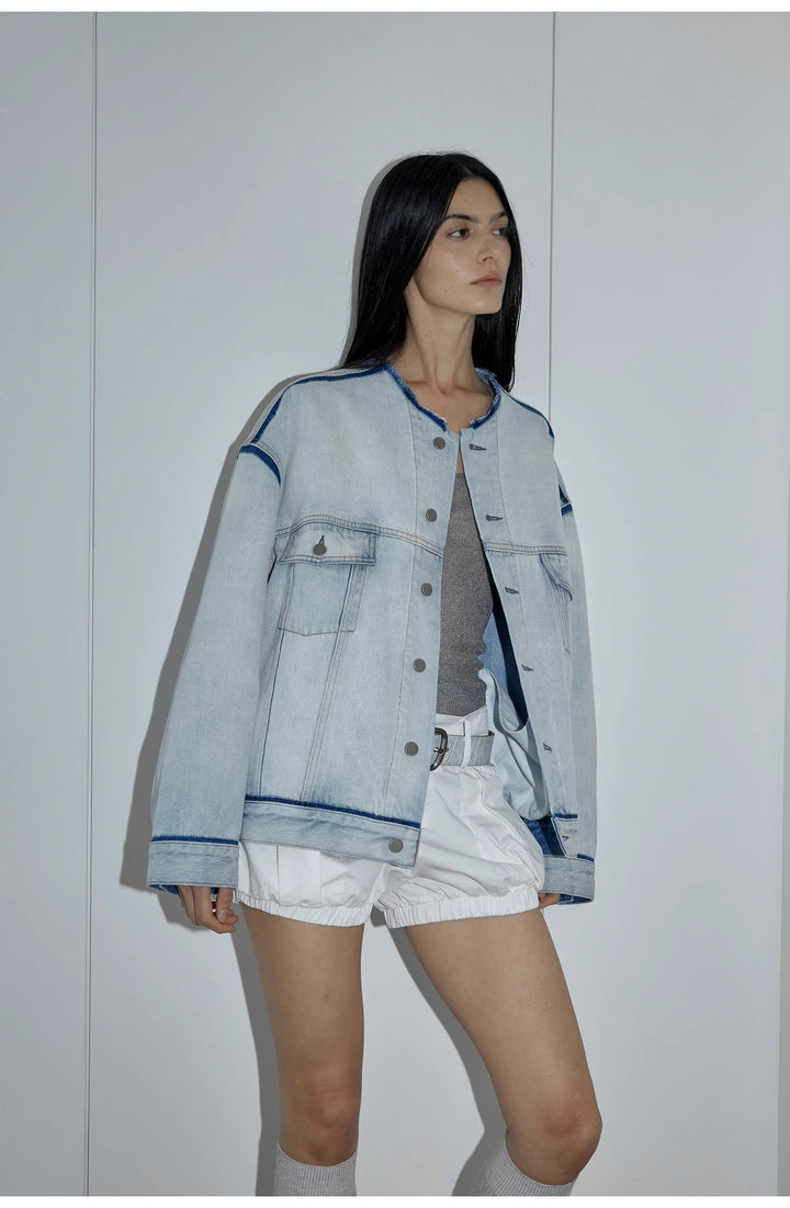 "Starry Sky Market" luxury brand classic washed cotton collarless raw edge denim jacket by Firelady Fur