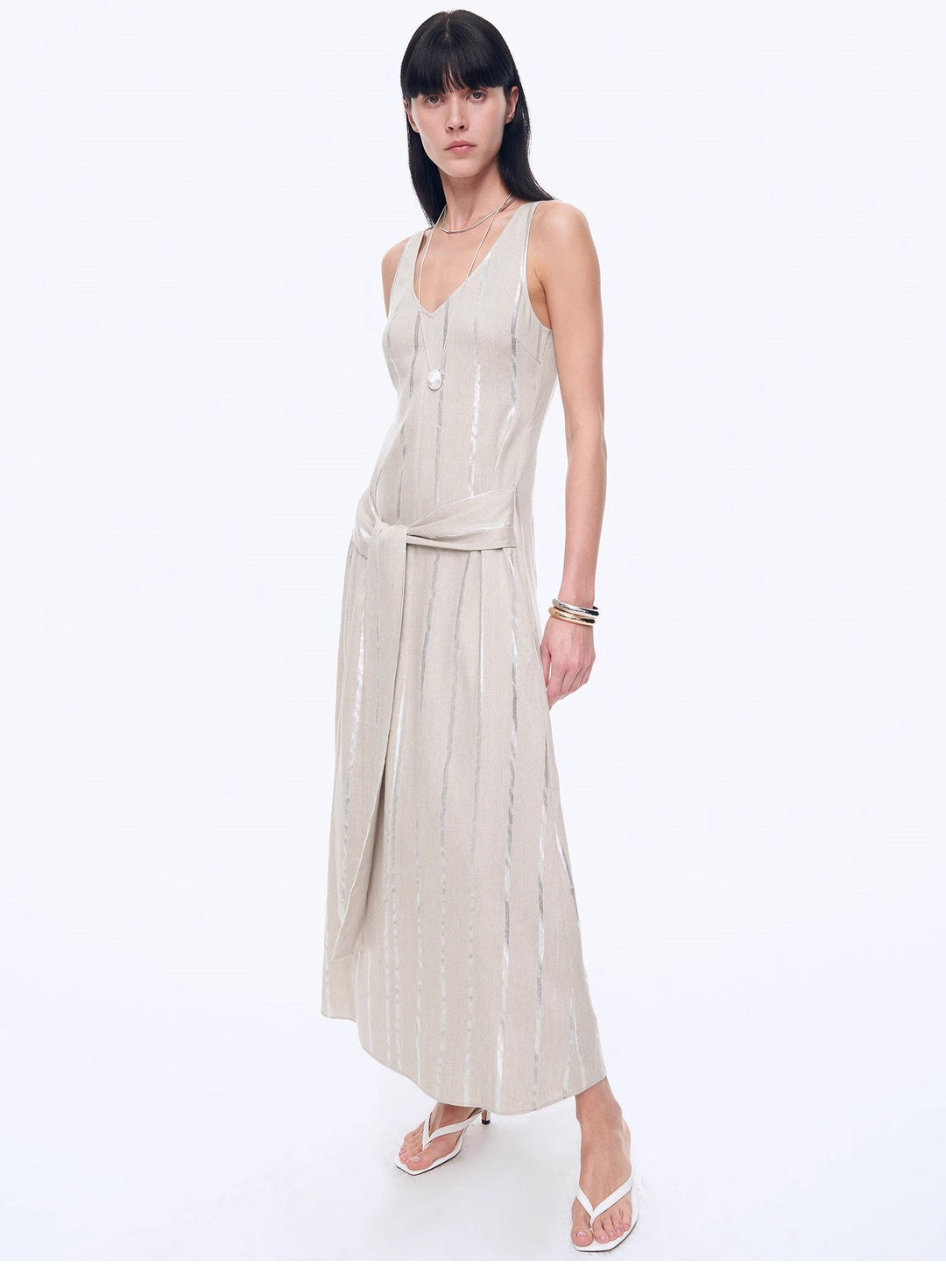 Silver Striped Linen V-Neck Drape Dress"Milan Holiday" by Firelady Fur