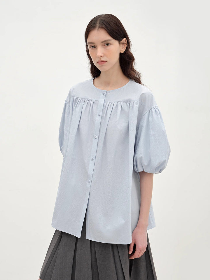 "Romantic Line Drawing" Pure Cotton Slightly Wrinkled Puff Sleeve Short Top for Women by Firelady Fur
