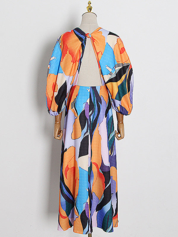 Original Puff Sleeves Loose Contrast Color Printed Deep V-Neck Maxi Dresses by migunica