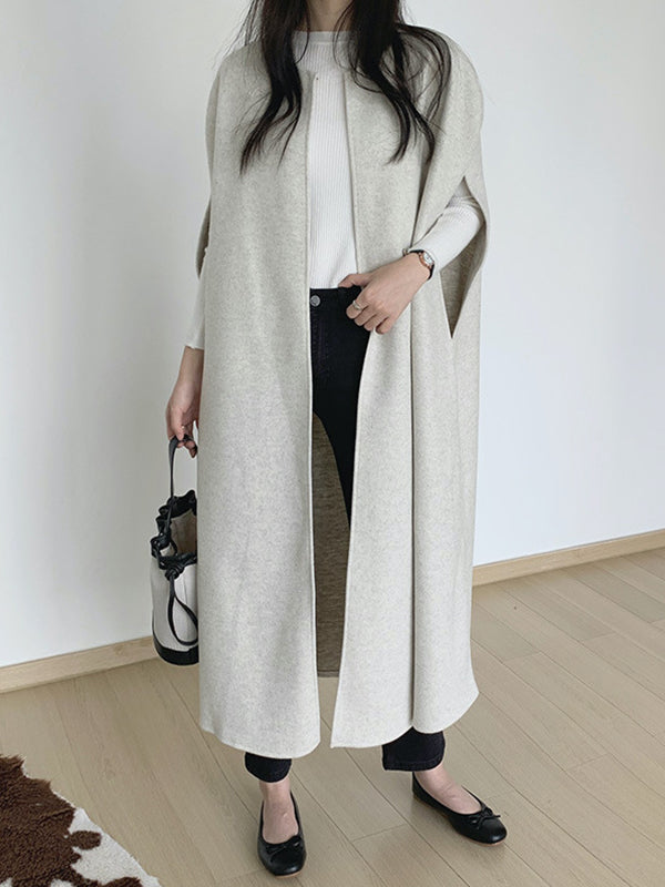 Loose Sleeveless Solid Color Round-Neck Cape Outerwear by migunica