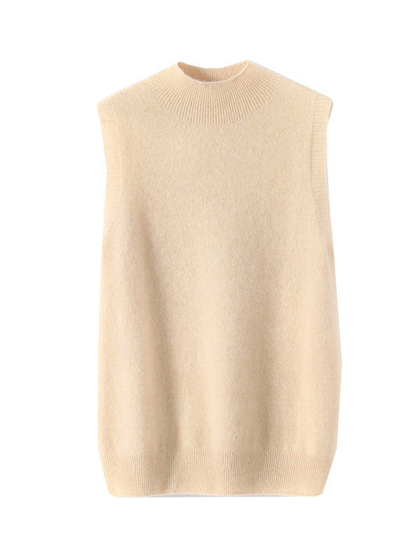 Stylish Wool Sleeveless Solid Color Half Turtleneck Vest Top by migunica