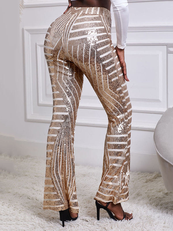 Flared Pants High Waisted Contrast Color Striped Sequined Pants by migunica