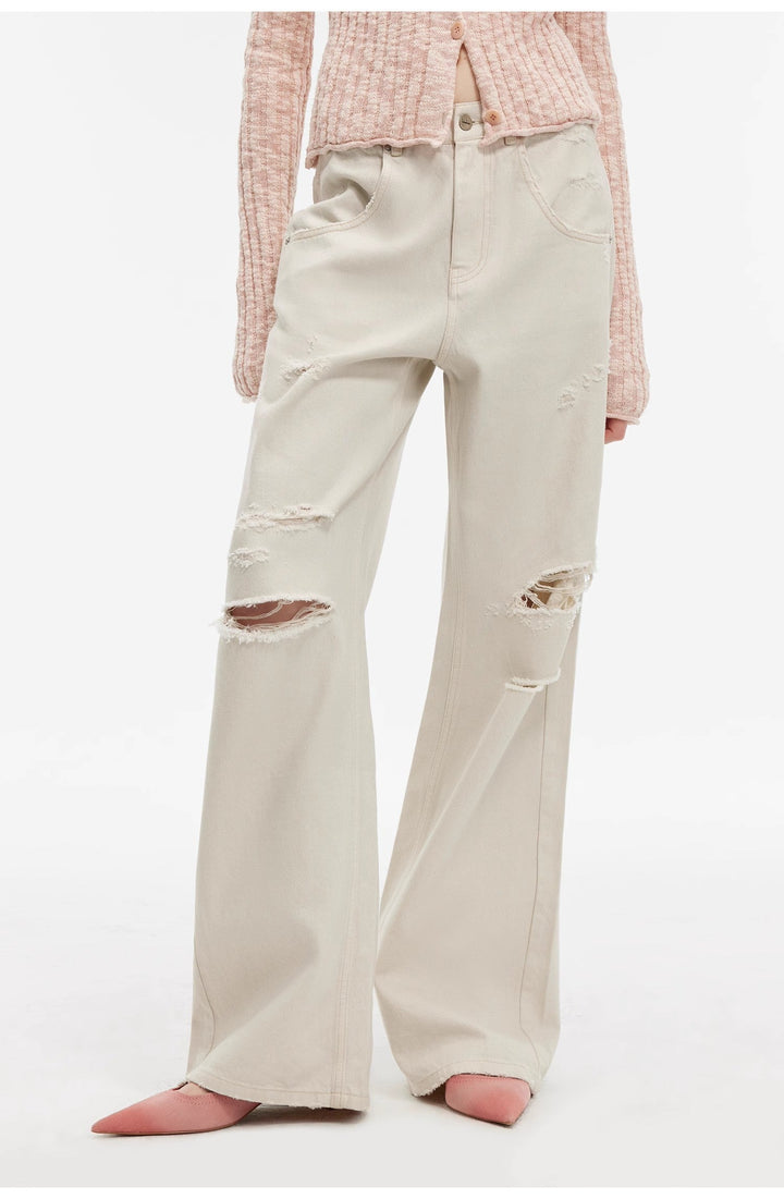 "Gray and Denim" stylish and personalized Turkish washed retro distressed holes straight flared jeans by Firelady Fur