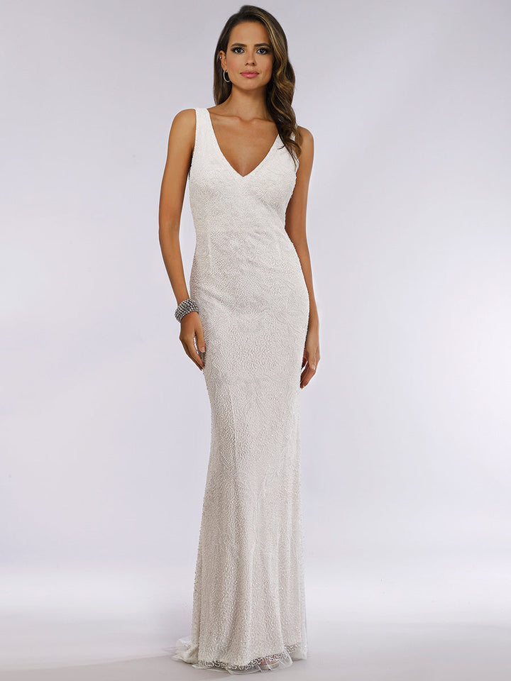 Lara Erika Beaded Draped Cowl Back V-Neck Wedding Dress